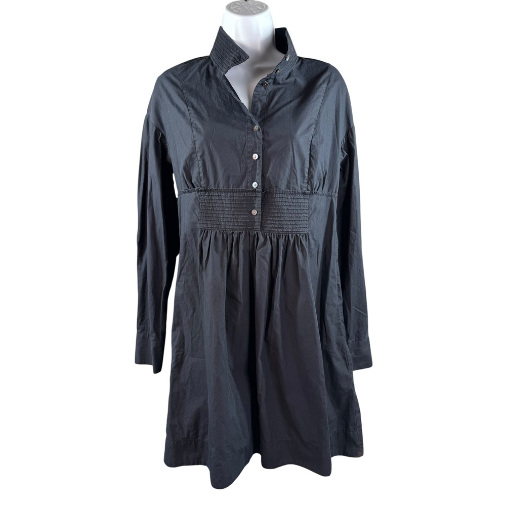 Vince Womens Smocked Empire Waist Cotton Shirt Dress Black Long Sleeve Size S